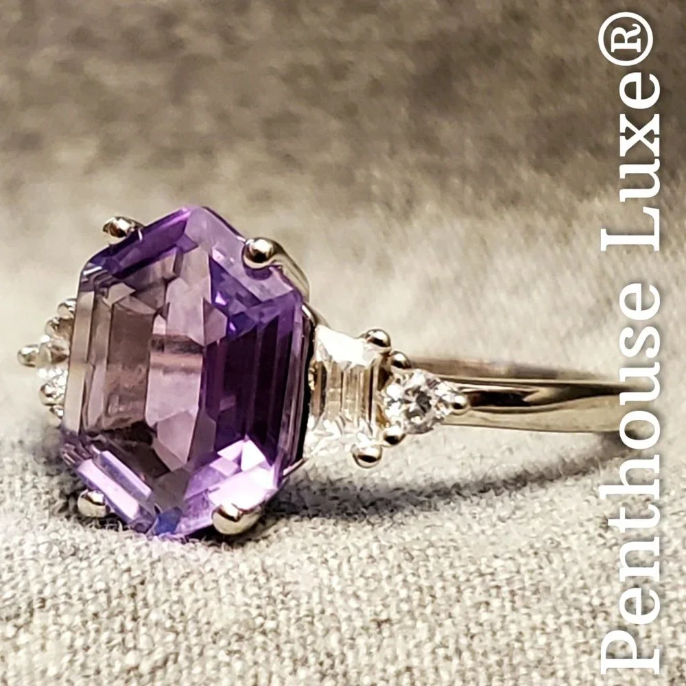 SOLID 925 Sterling Silver Purple Amethyst Elongated Hexagon Cut Ring - Picture 3 of 6